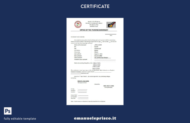 modello di certificato di morte dell'ufficio filippino di Punong Barangay in sti