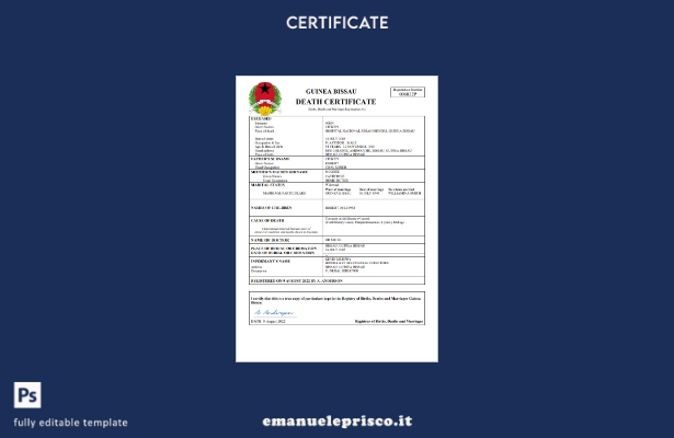 modello di certificato di morte della Guinea Bissau in stile verificato