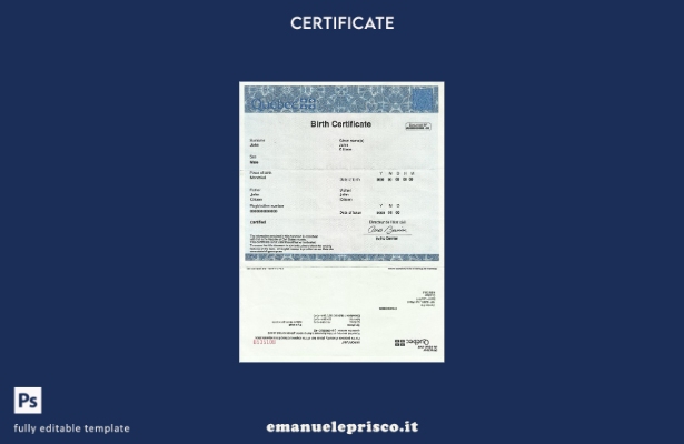 modello di certificato di nascita Canada Quebec in stile verificato nel modello