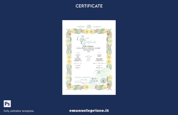modello di certificato di nascita decorativo (commemorativo) Australia Tasmania