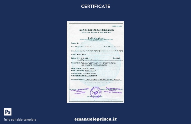 modello di certificato di nascita del Bangladesh in stile verificato nel modello