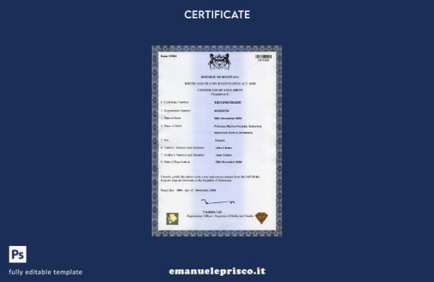 modello di certificato di nascita del Botswana in stile verificato nel modello i