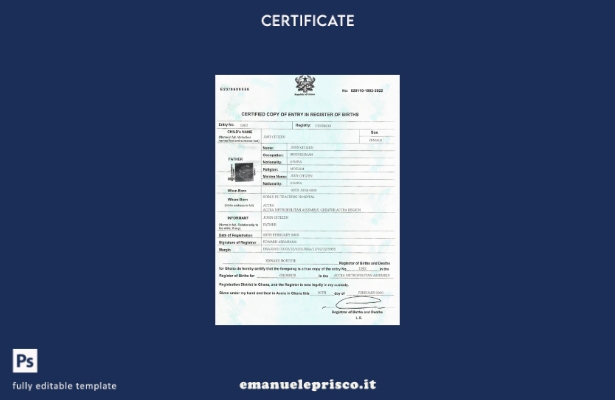 modello di certificato di nascita del Ghana in stile verificato nel modello in f