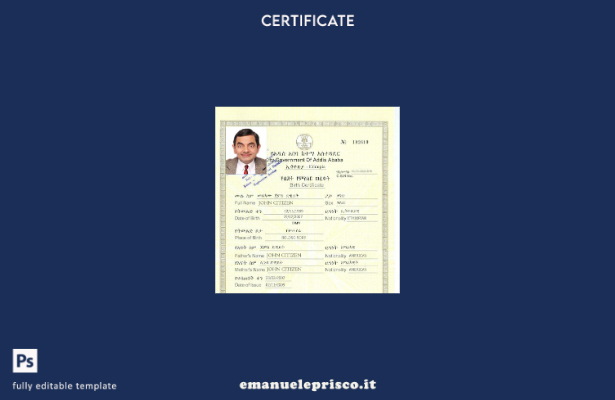 modello di certificato di nascita del governo etiope di Addis Abeba in stile ver