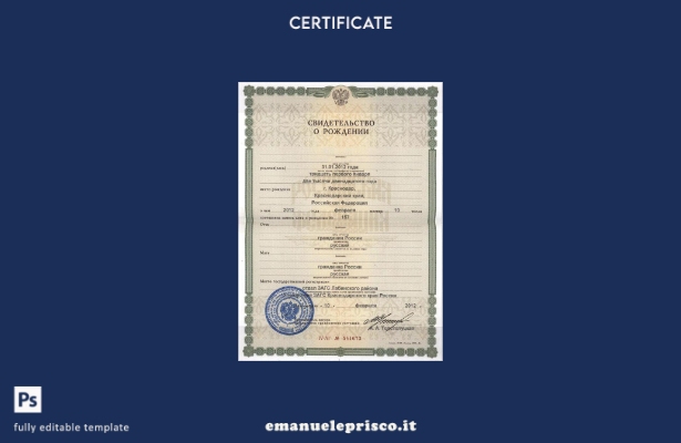 modello di certificato di nascita dell'ufficio del registro civile del distretto