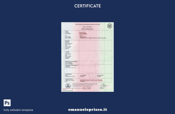 modello di certificato di nascita dell'ufficio di registrazione delle nascite e