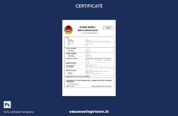modello di certificato di nascita della Guinea Bissau in stile verificato