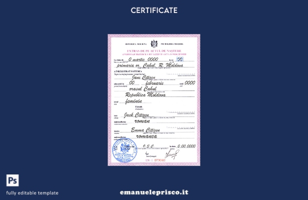 modello di certificato di nascita della Moldova in stile verificato nel modello