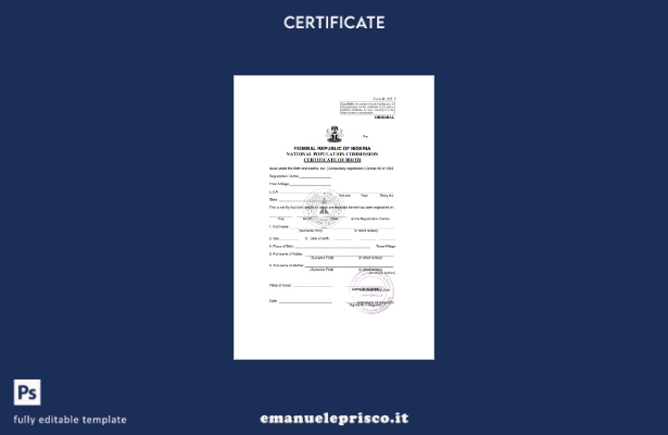 modello di certificato di nascita della Nigeria in stile verificato nel modello