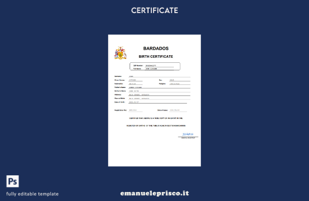 modello di certificato di nascita delle Barbados in stile verificato in modello