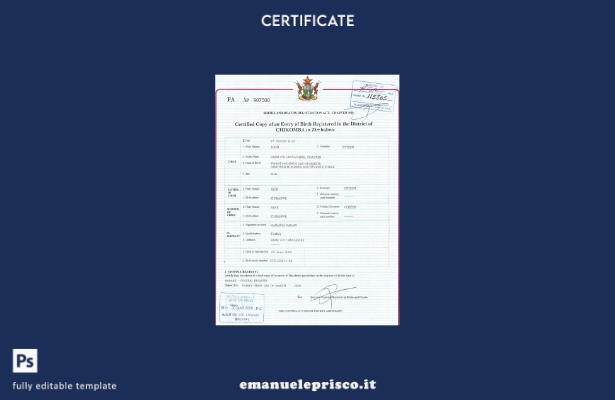 modello di certificato di nascita dello Zimbabwe in stile verificato nel modello