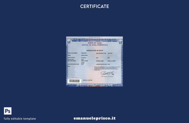 modello di certificato di nascita dello stato USA Ohio in stile verificato nel m