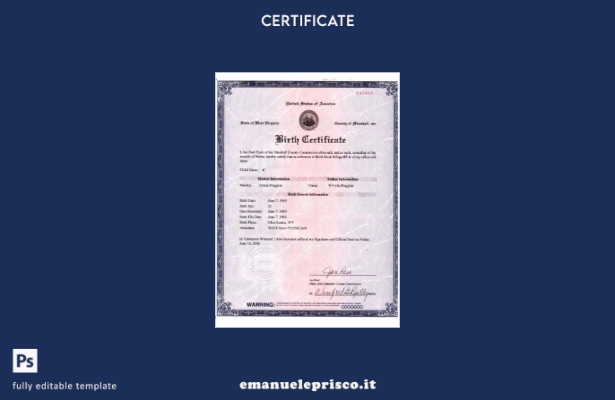 modello di versione del certificato di nascita USA West Virginia in stile verifi