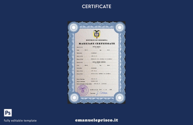 modello psd del certificato di matrimonio colombiano in stile verificato