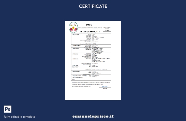 stile verificato Certificato di morte dei documenti di stato civile del Togo Mod