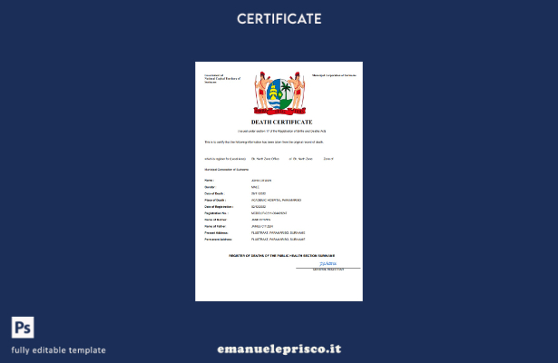 stile verificato Certificato di morte del Suriname Modello Word e PDF
