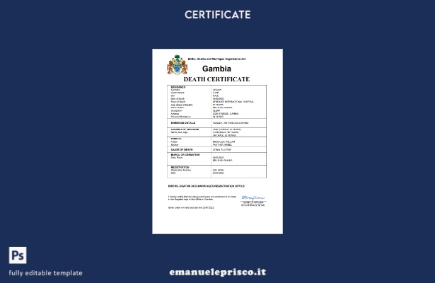 stile verificato Certificato di morte del documento di stato civile del Gambia M