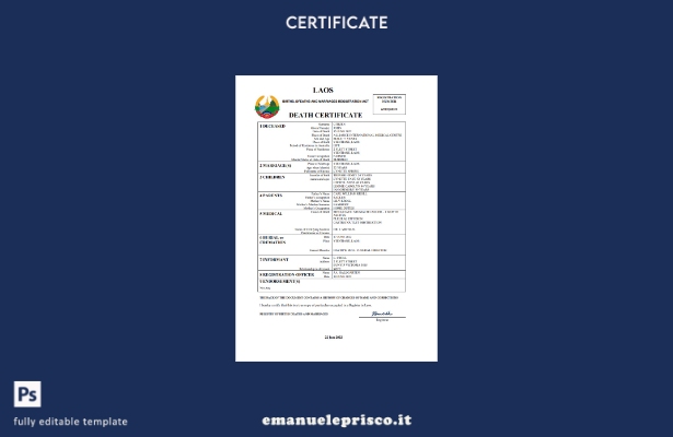 stile verificato Certificato di morte del documento di stato civile del Laos Mod