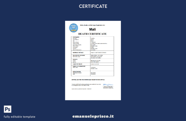 stile verificato Certificato di morte del documento di stato civile del Mali Mod