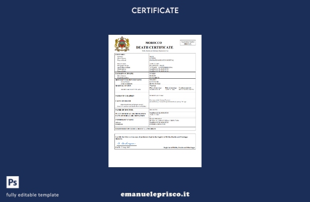 stile verificato Certificato di morte del documento di stato civile del Marocco