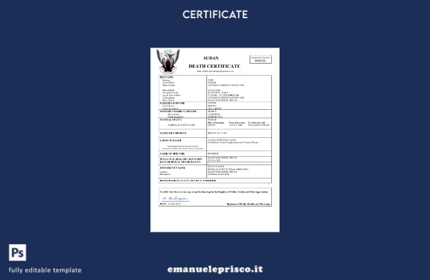 stile verificato Certificato di morte del documento di stato civile del Sudan Mo