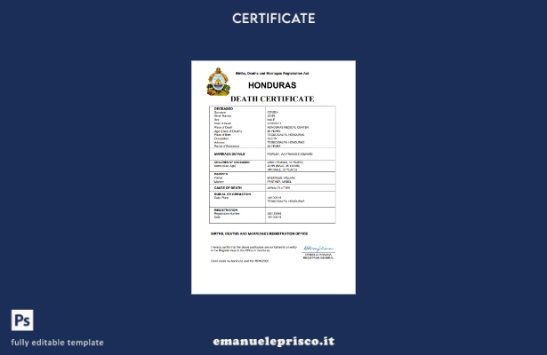 stile verificato Certificato di morte del documento di stato civile dell'Hondura