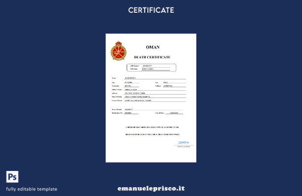 stile verificato Certificato di morte del documento di stato civile dell'Oman Mo