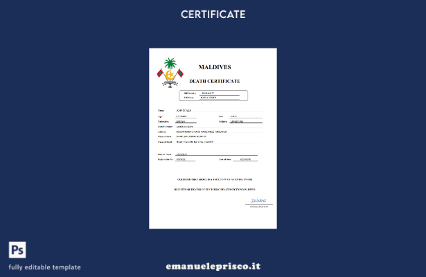 stile verificato Certificato di morte del documento di stato civile delle Maldiv