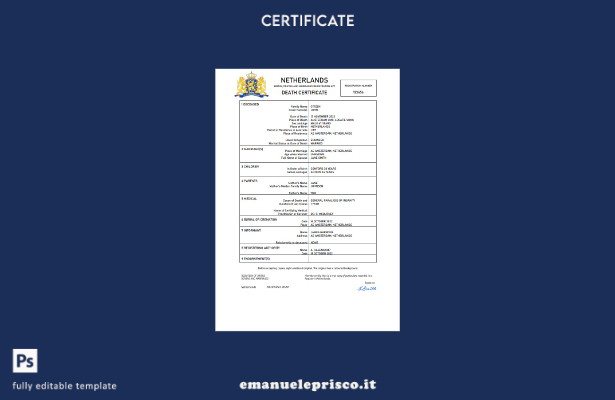stile verificato Certificato di morte del documento di stato civile olandese Mod