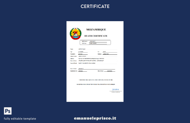 stile verificato Certificato di morte dello stato di stato civile del Mozambico