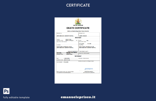 stile verificato Certificato di morte dello stato di stato civile del Regno Unit