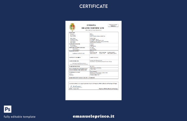 stile verificato Certificato di morte dello stato di stato dell'Etiopia Modello