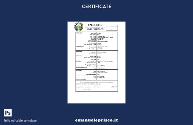 stile verificato Certificato di morte dello stato di stato dell'Uzbekistan Model