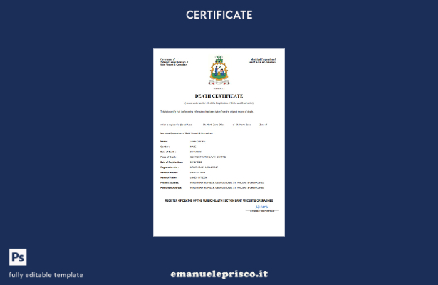 stile verificato Certificato di morte dello stato di stato di Saint Vincent e Gr