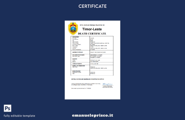 stile verificato Certificato di morte dello stato di stato di Timor Est Modello