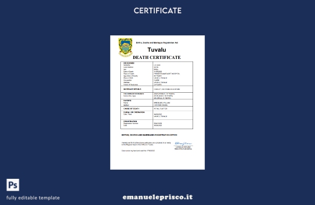 stile verificato Certificato di morte dello stato di stato di Tuvalu Modello Wor