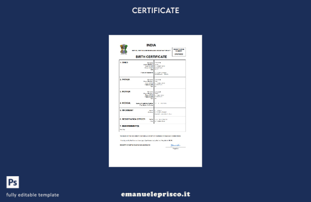 stile verificato Certificato di nascita del documento di stato civile dell'India