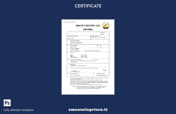 stile verificato Certificato di nascita dello stato civile dell'Eritrea Modello