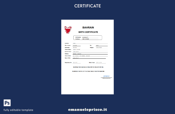 stile verificato Certificato di nascita dello stato di stato del Bahrein Modello