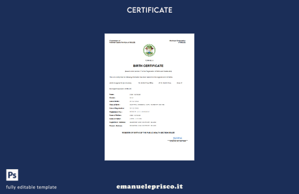stile verificato Certificato di nascita dello stato di stato del Belize Modello