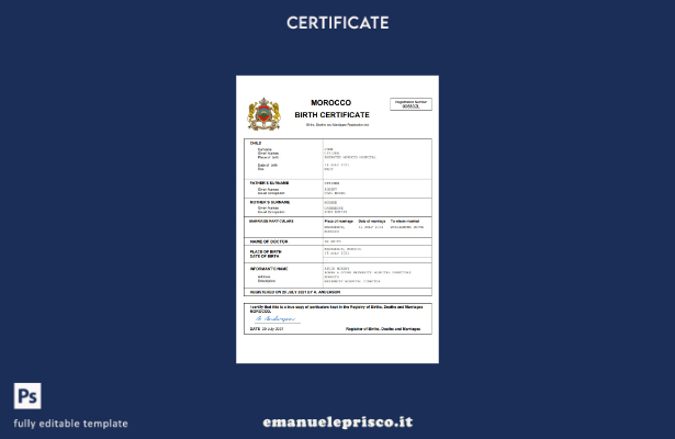 stile verificato Certificato di nascita dello stato di stato del Marocco Modello