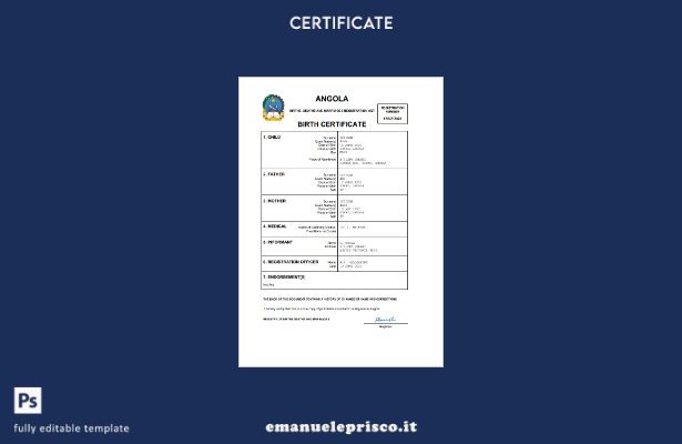 stile verificato Certificato di nascita dello stato di stato dell'Angola Modello