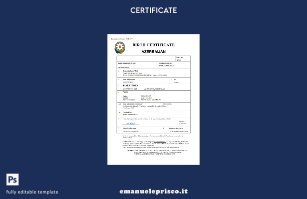 stile verificato Certificato di nascita dello stato di stato dell'Azerbaigian Mo