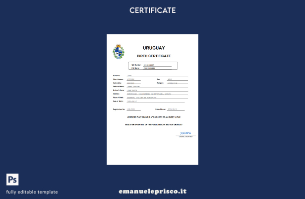 stile verificato Certificato di nascita dello stato di stato dell'Uruguay Modell