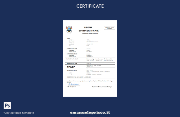 stile verificato Certificato di nascita dello stato di stato della Liberia Model