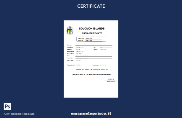 stile verificato Certificato di nascita dello stato di stato delle Isole Salomon