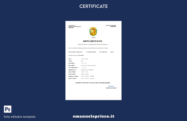 stile verificato Certificato di nascita dello stato di stato di Andorra Modello