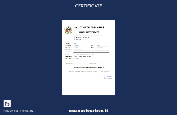 stile verificato Certificato di nascita dello stato di stato di Saint Kitts e Ne
