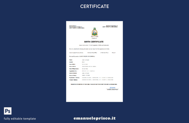 stile verificato Certificato di nascita dello stato di stato di Saint Vincent e