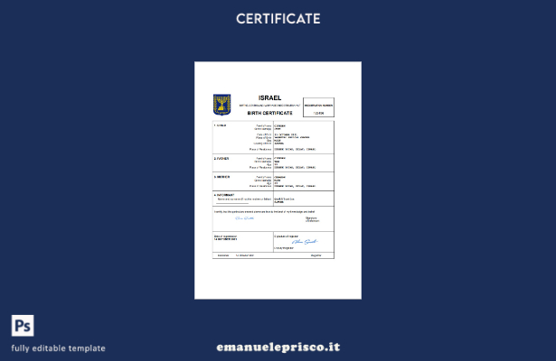 stile verificato Certificato di nascita di stato civile israeliano Modello Word
